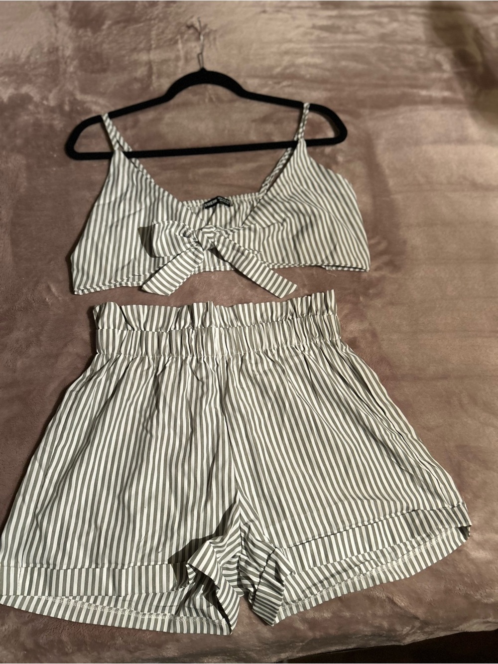 SHEIN White and Gray Striped Tie-Front Crop Top & High-Waist Shorts Set